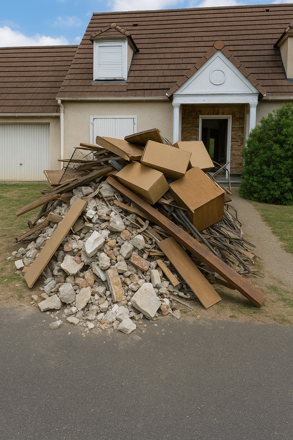 Chantier encombré de déchets de construction avant intervention.