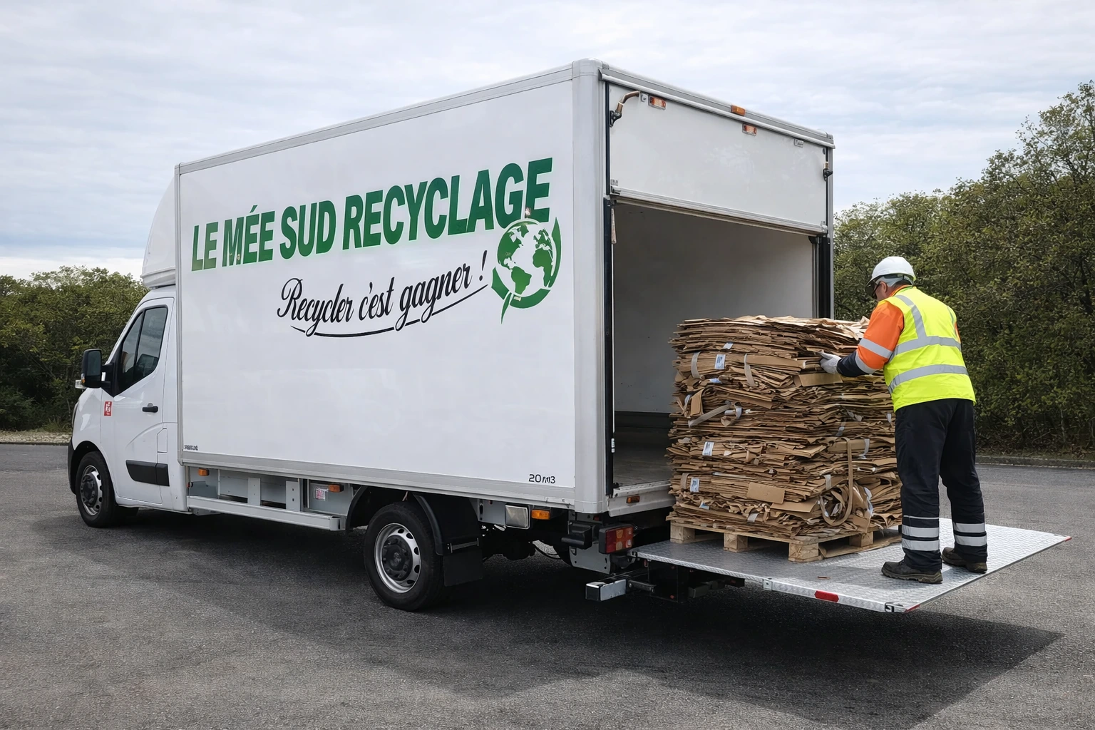 Camion collectant des bacs de carton.